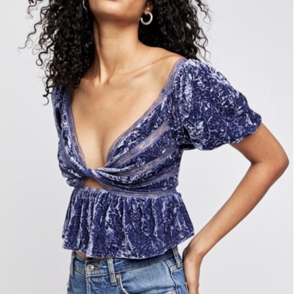 Free People Velvet Puff Sleeve Blouse Too in Deep Blue Wild Moon-  Small NEW